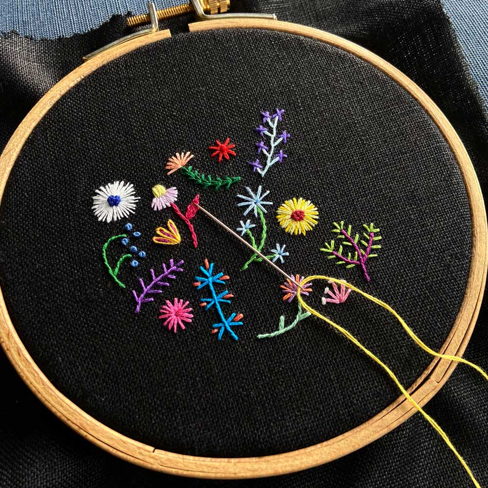 Rainbow Flowers (3.5") on Black Linen Hand Embroidered Art