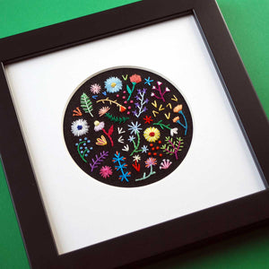 Rainbow Flowers (3.5") on Black Linen Hand Embroidered Art