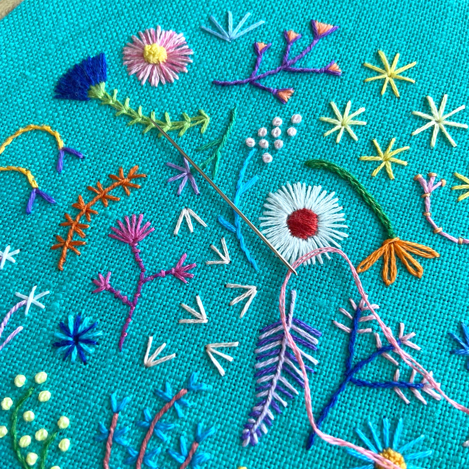 Rainbow Flowers (3.5") on Turquoise Linen Hand Embroidered Art