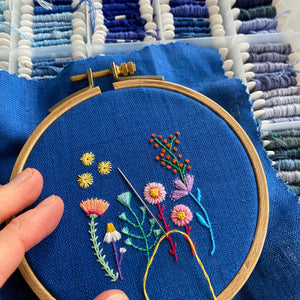 Tiny Rainbow Flower Garden (2.25") on Blue Linen Hand Embroidered Art