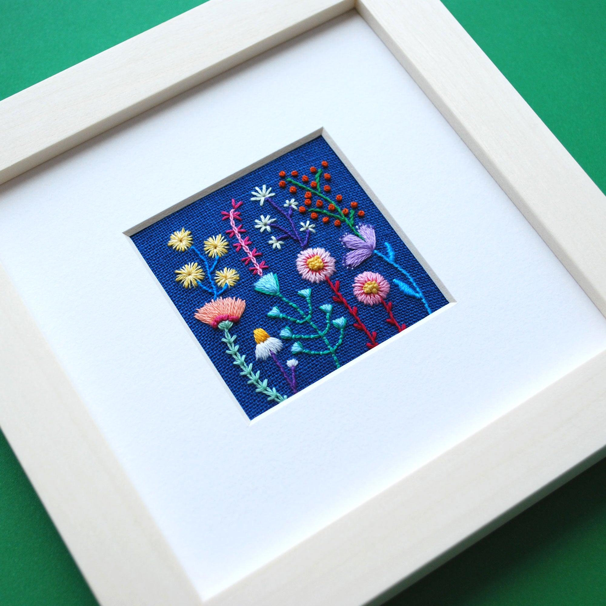Tiny Rainbow Flower Garden (2.25") on Blue Linen Hand Embroidered Art