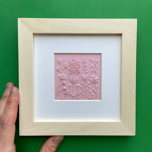 Monochromatic Pink Flowers (2.5") on Pink Linen Hand Embroidered Art