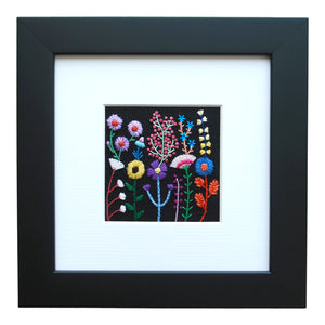 Rainbow Flowers (2.5") on Black Linen Hand Embroidered Art