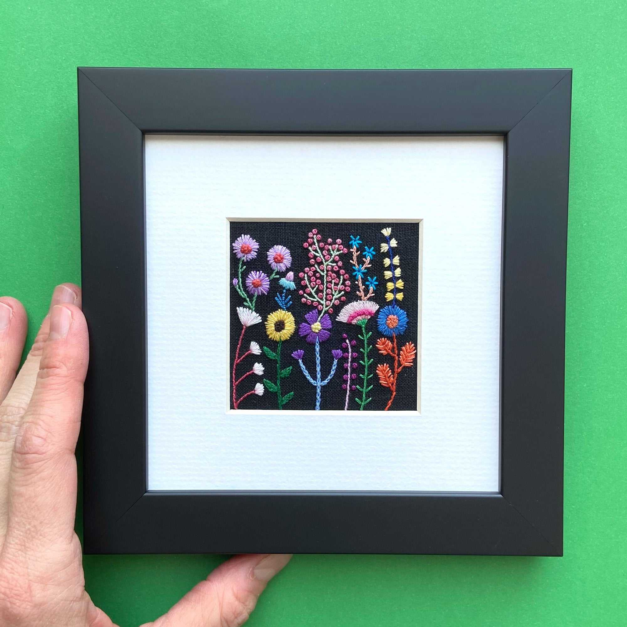 Rainbow Flowers (2.5") on Black Linen Hand Embroidered Art