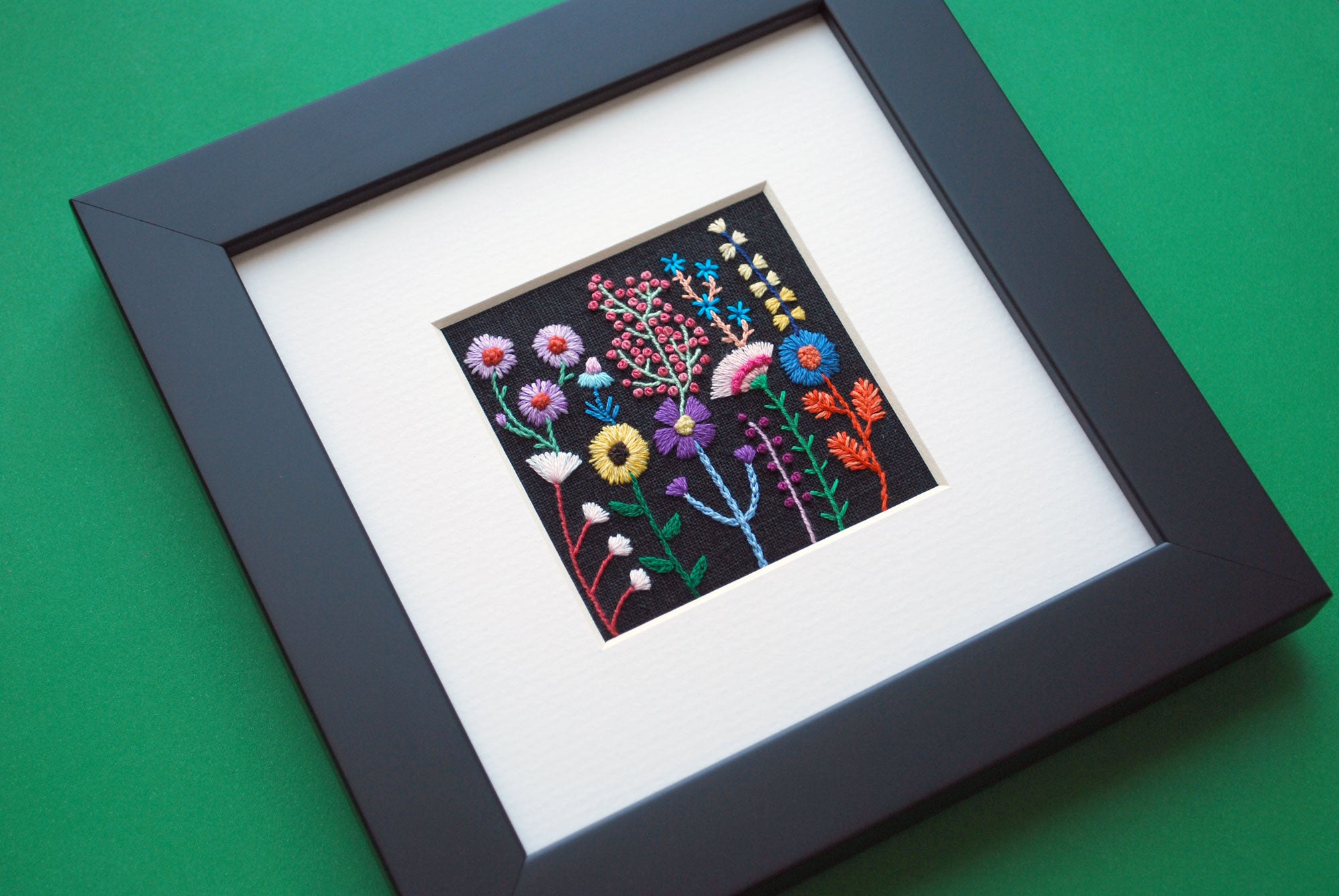 Rainbow Flowers (2.5") on Black Linen Hand Embroidered Art