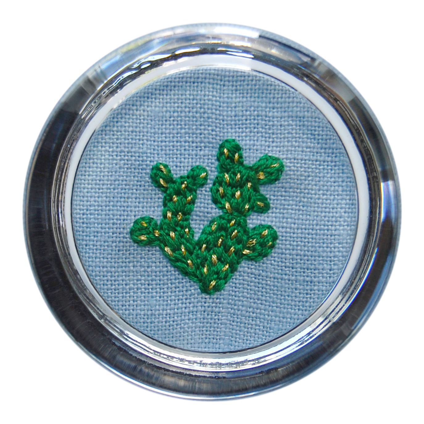 Green Paddle Cactus with Gold Needles on Blue Linen Hand Embroidered Paperweight