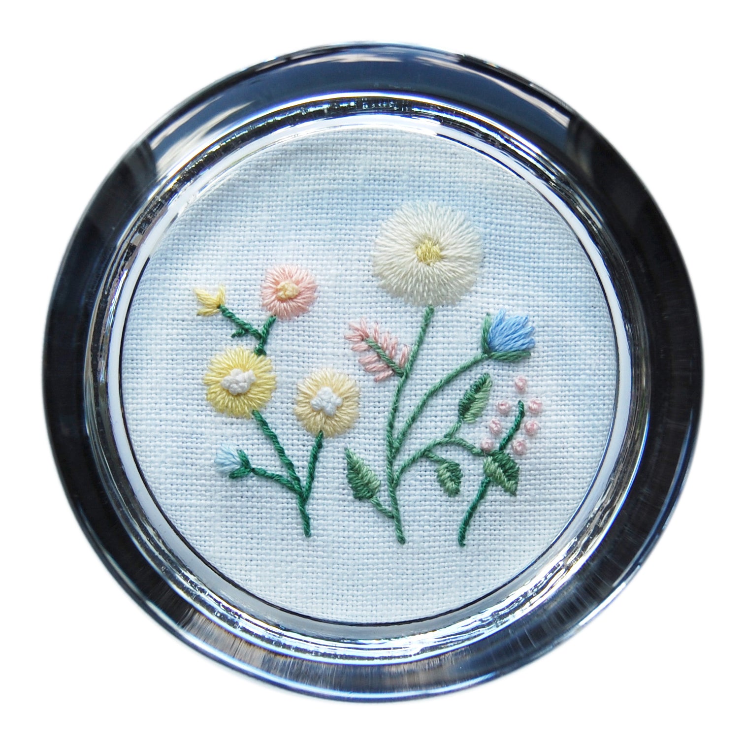 Yellow and Pink Flowers on White Linen Hand Embroidered Paperweight