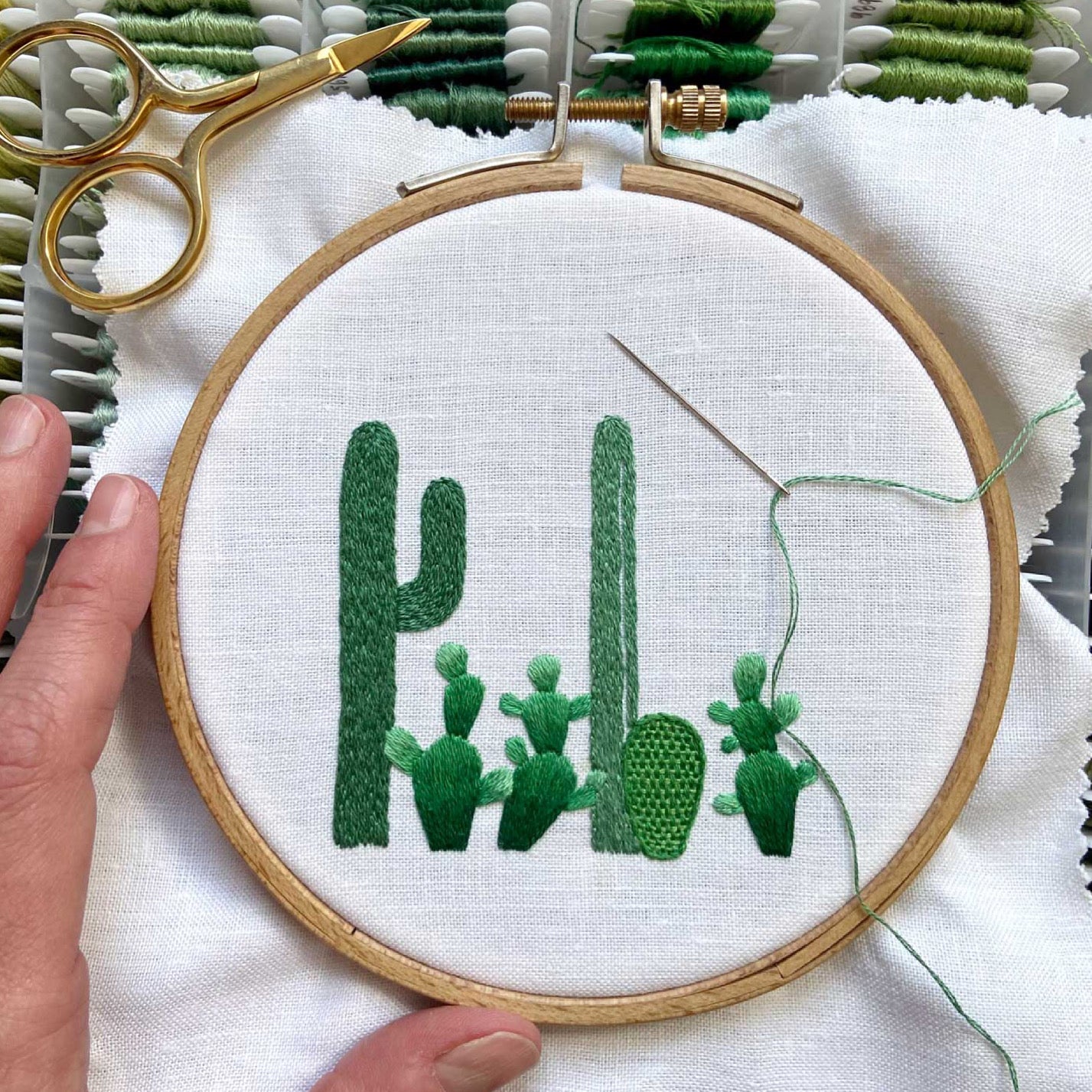 Cactus Grouping (2.75") on White Linen Hand Embroidered Art