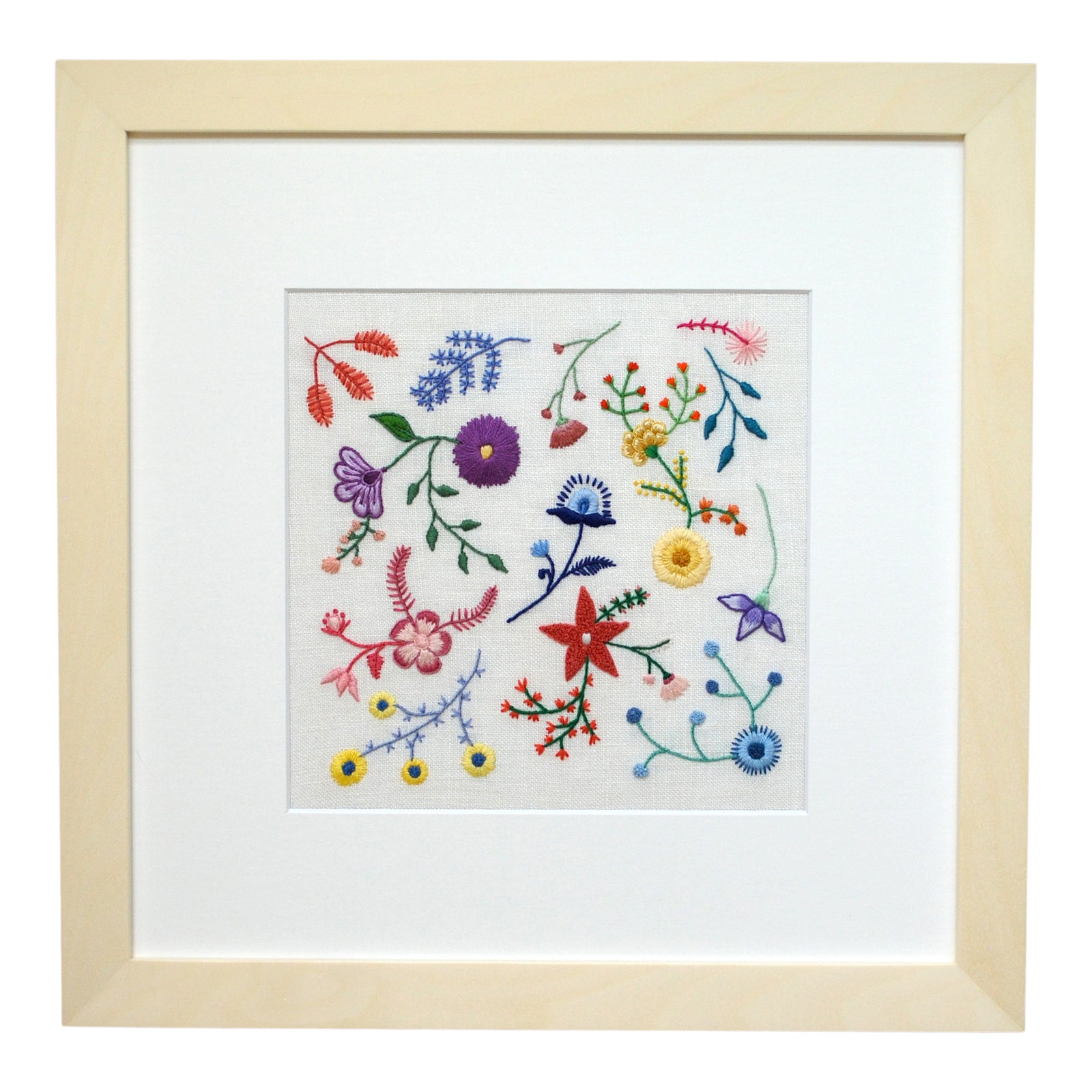 Pastel Floral Field (6.75") on Cream Linen Hand Embroidered Art