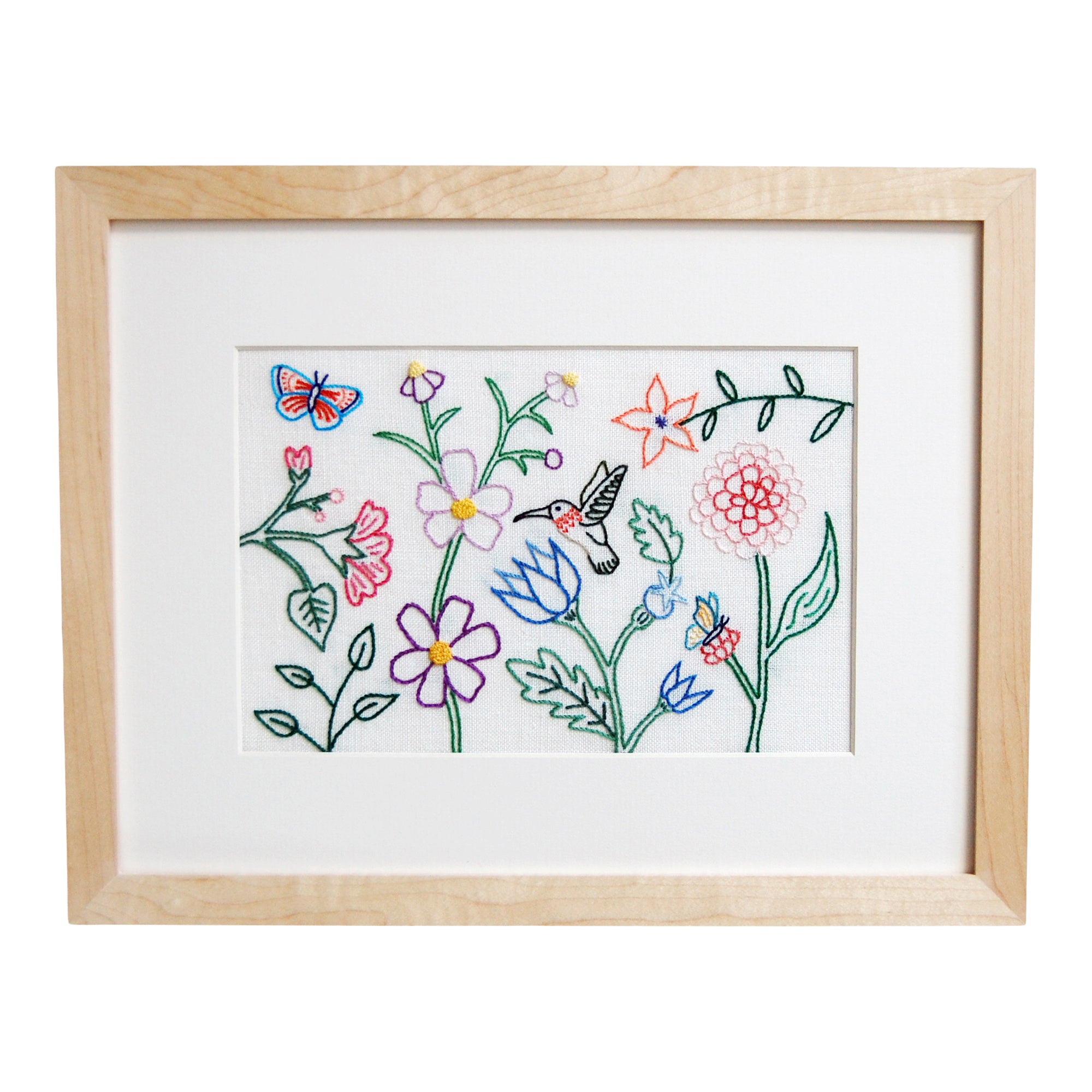 Hummingbird, Butterflies, and Flowers on Cream Linen Hand Embroidered Art
