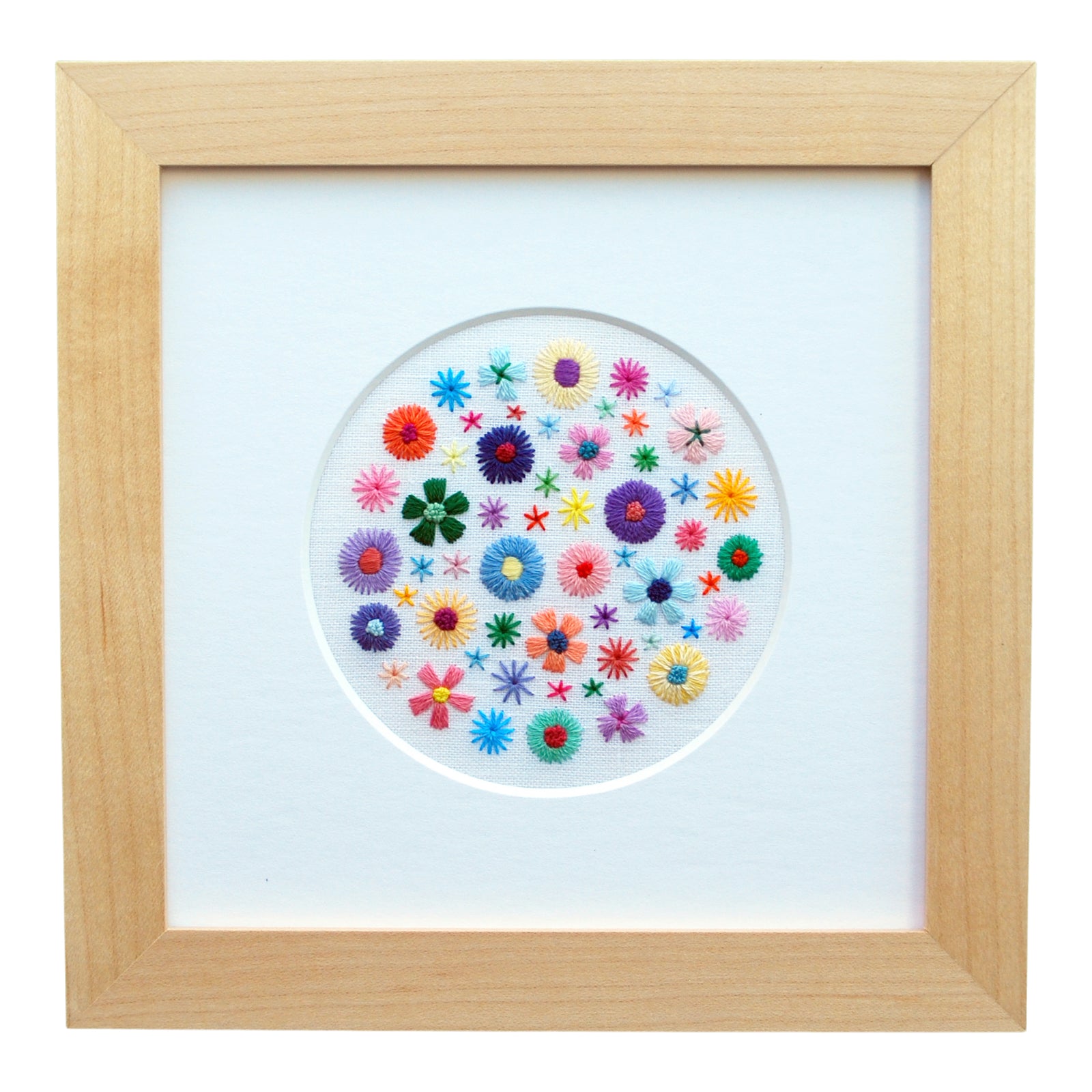 Happy Flowers B (3.5") on White Linen Hand Embroidered Art