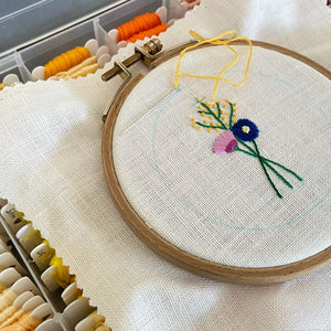 Rainbow Bouquet with Yellow Buds on Cream Linen Hand Embroidered Art