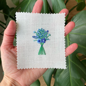 Blue Floral Bouquet on Cream Linen Hand Embroidered Art