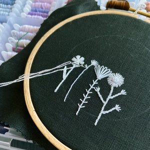 Monochromatic White Flowers on Black Linen Style 4 Hand Embroidered Art