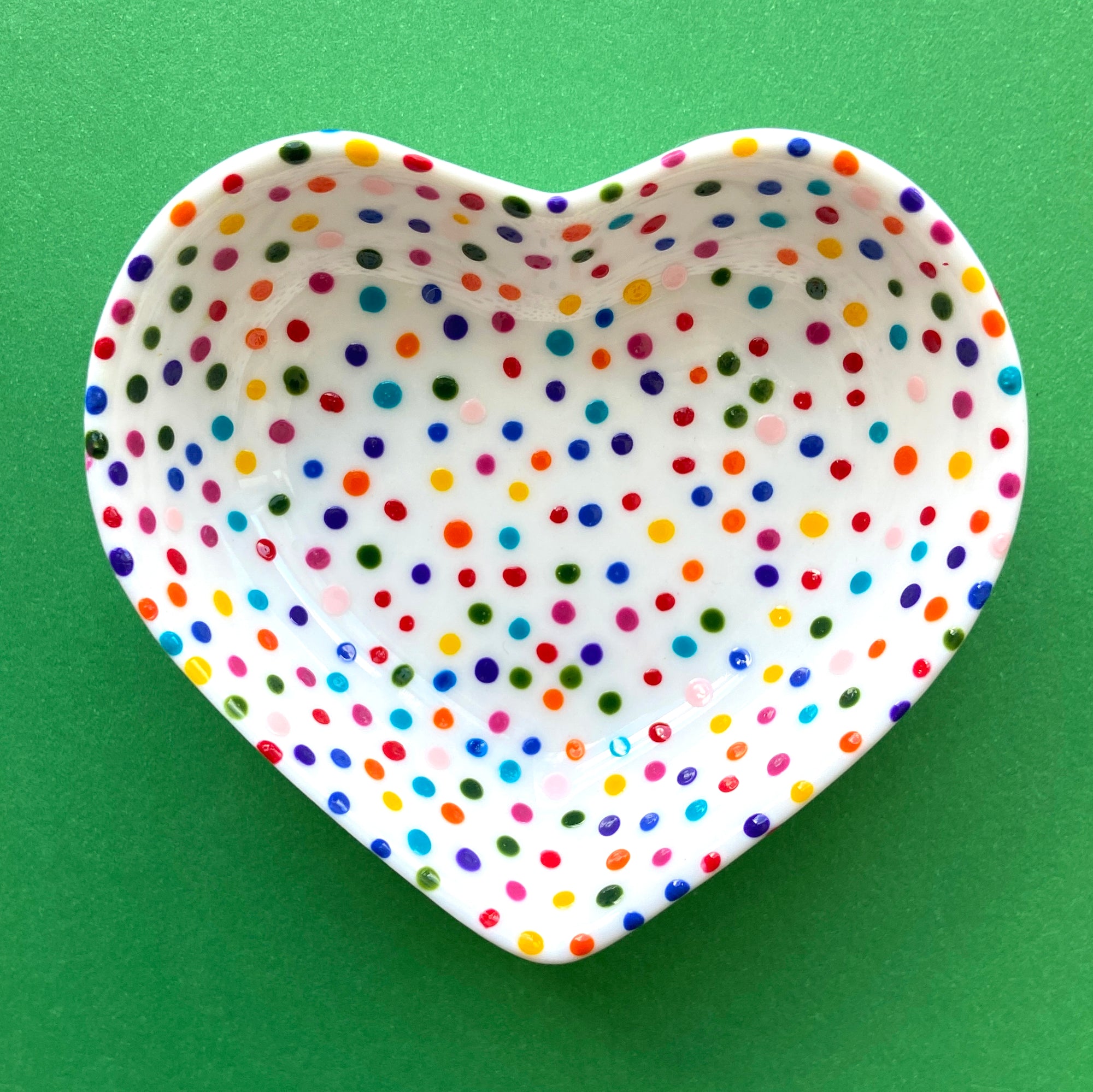 Rainbow Dot All Over 4 - Hand Painted Porcelain Heart Bowl