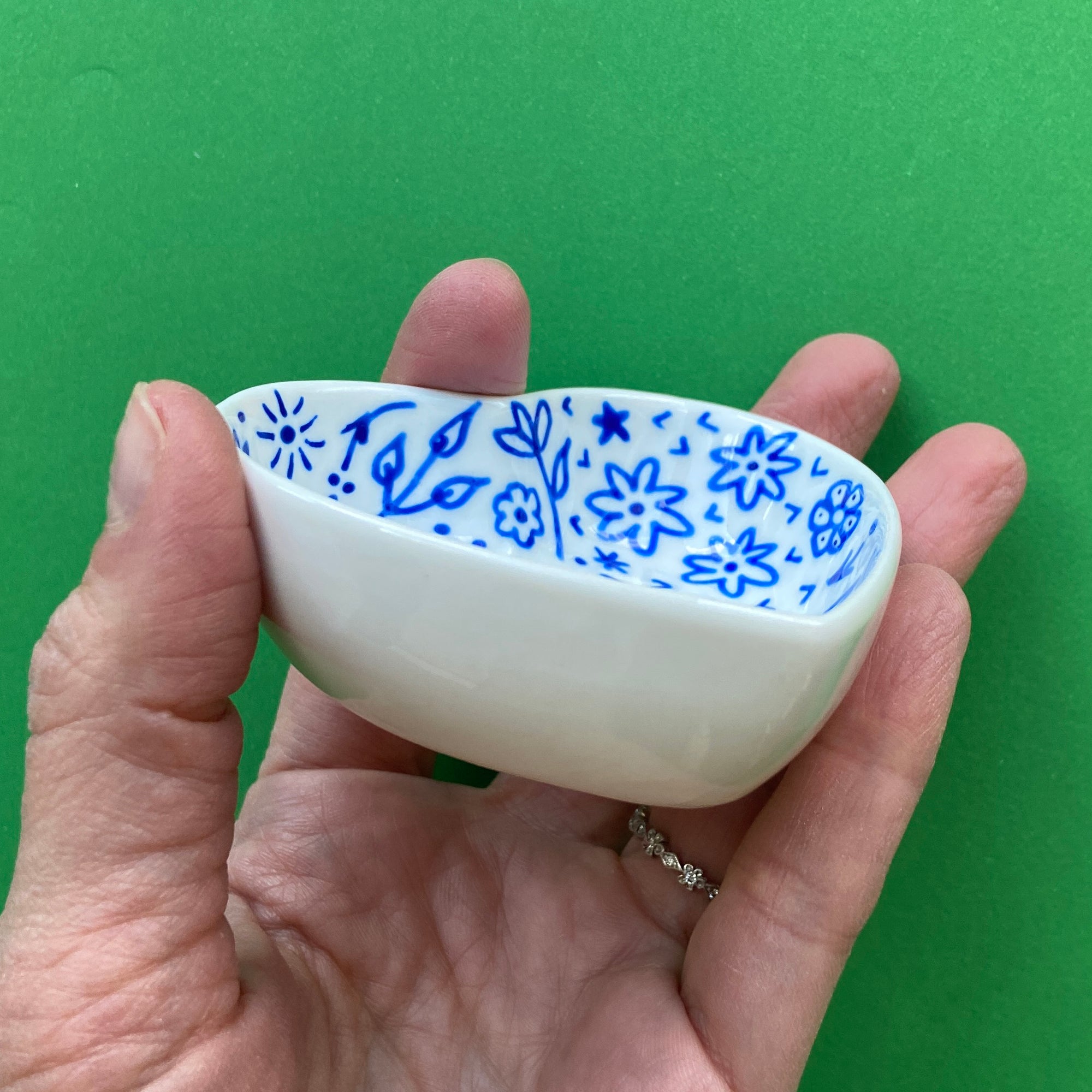 Blue Floral 3 - Hand Painted Porcelain Heart Bowl