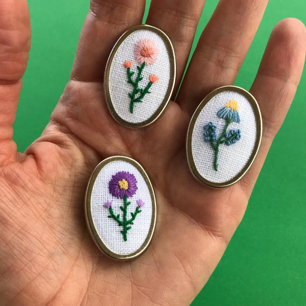 Embroidered Pin Hand Embroidered Pin - Purple Flower with 2 Lavender Flower Stems ...
