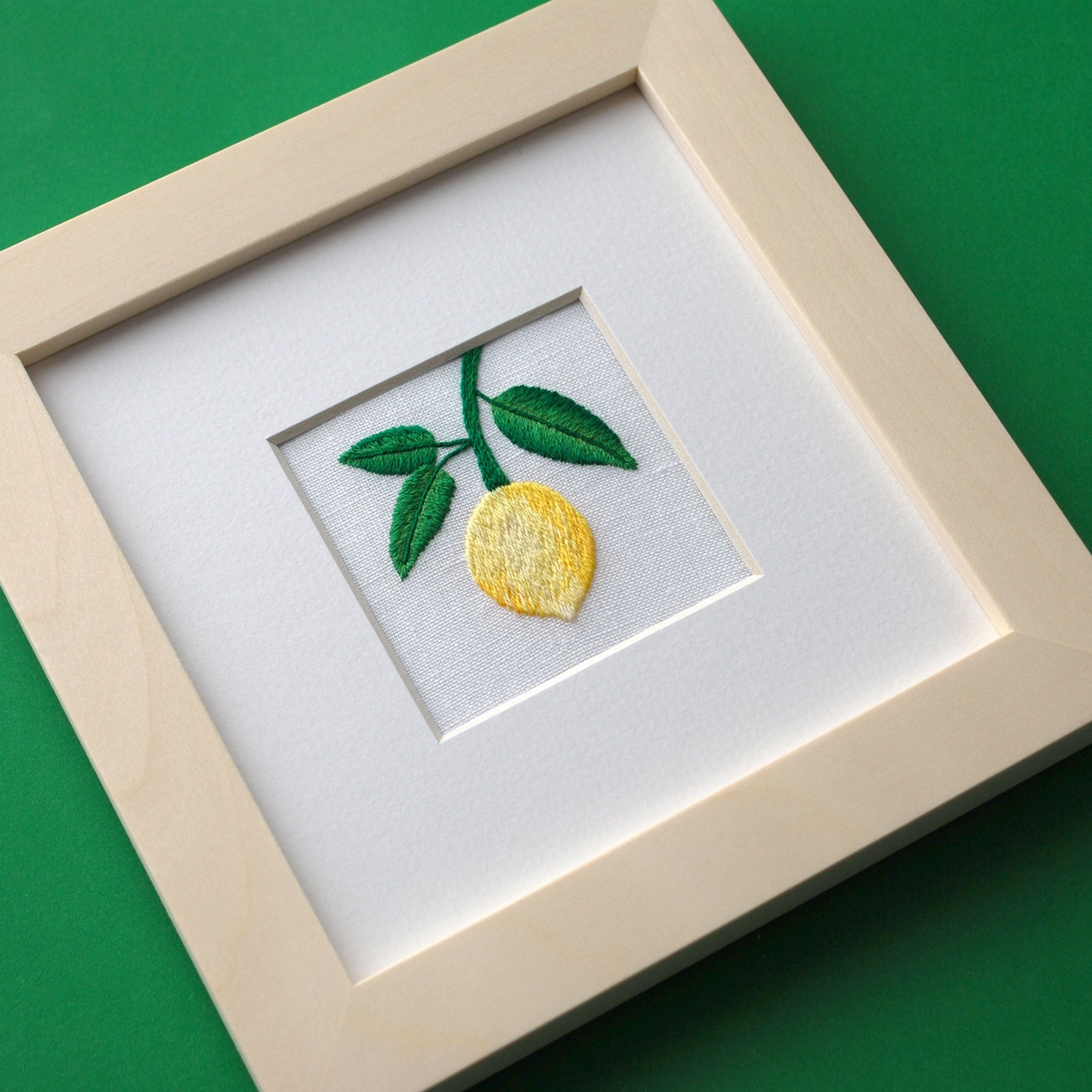 Lemon on the Vine on White Linen Hand Embroidered Art