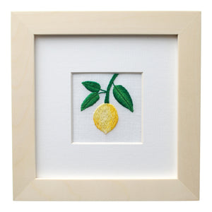 Lemon on the Vine on White Linen Hand Embroidered Art