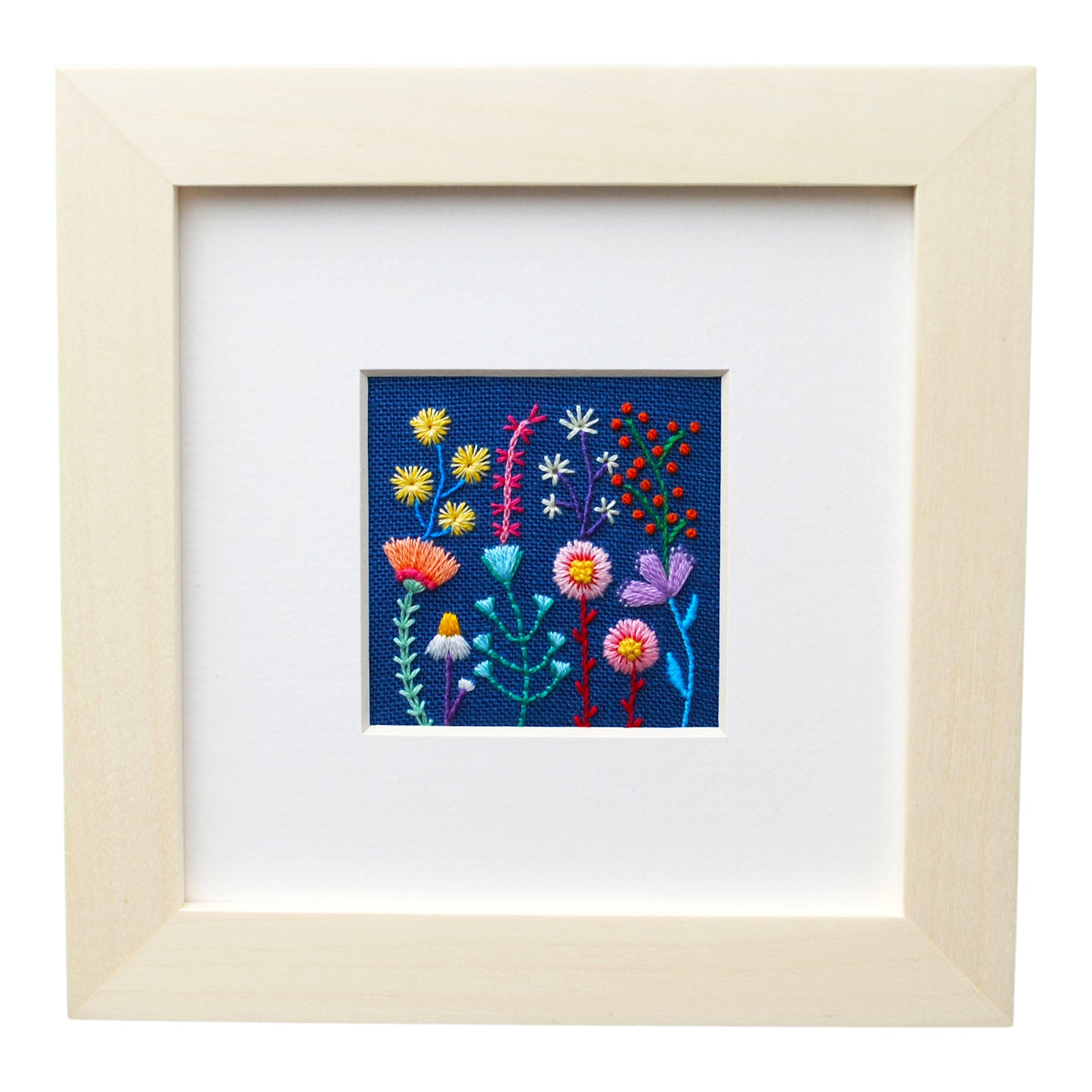 Tiny Rainbow Flower Garden (2.25") on Blue Linen Hand Embroidered Art