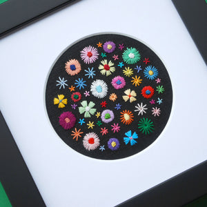 Happy Rainbow Flowers (3.5") on Black Linen Hand Embroidered Art