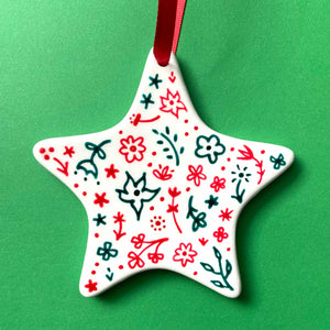 Red and Green Floral - Hand Painted Star Ornament