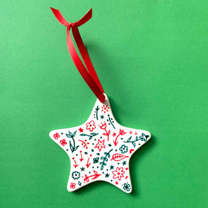 Red and Green Floral - Hand Painted Star Ornament