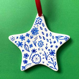 Blue Floral 1 - Hand Painted Star Ornament
