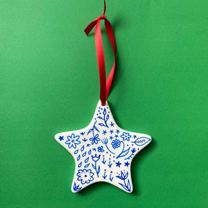 Blue Floral 1 - Hand Painted Star Ornament