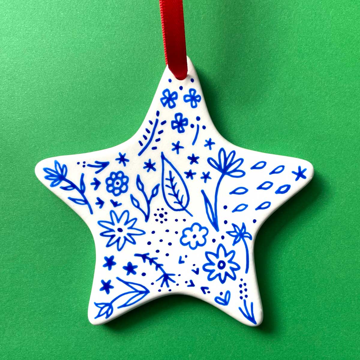 Blue Floral 2 - Hand Painted Star Ornament