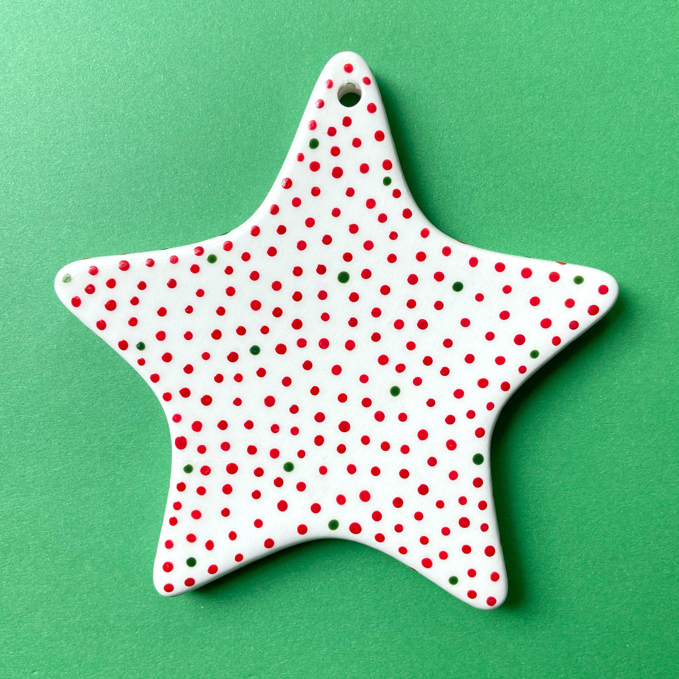 Red and Green Dots 10 - Hand Painted Star Ornament
