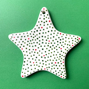 Red and Green Dots 10 - Hand Painted Star Ornament