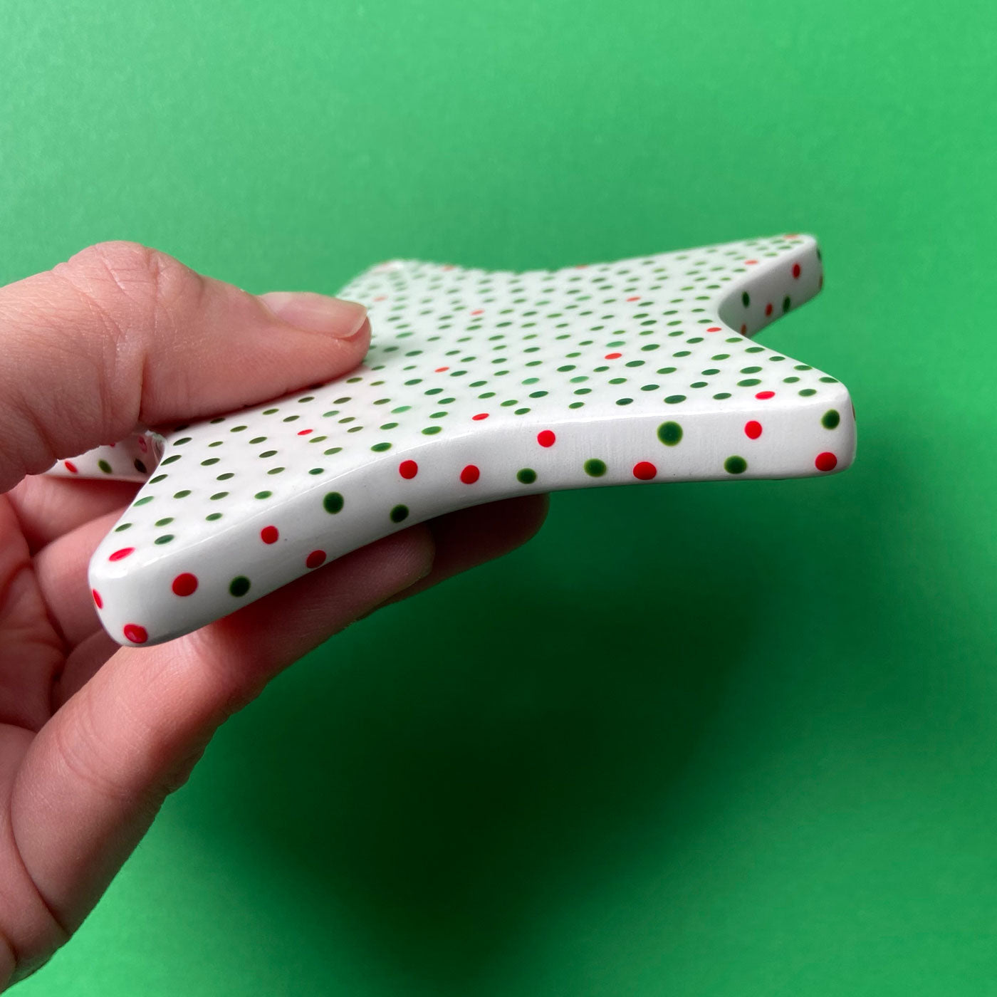 Red and Green Dots 10 - Hand Painted Star Ornament