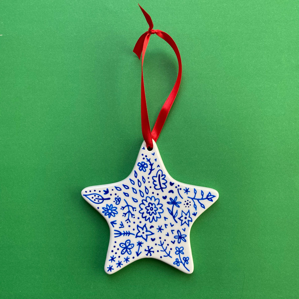 Blue Floral 11 - Hand Painted Star Ornament