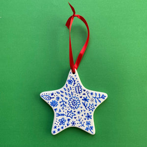 Blue Floral 11 - Hand Painted Star Ornament