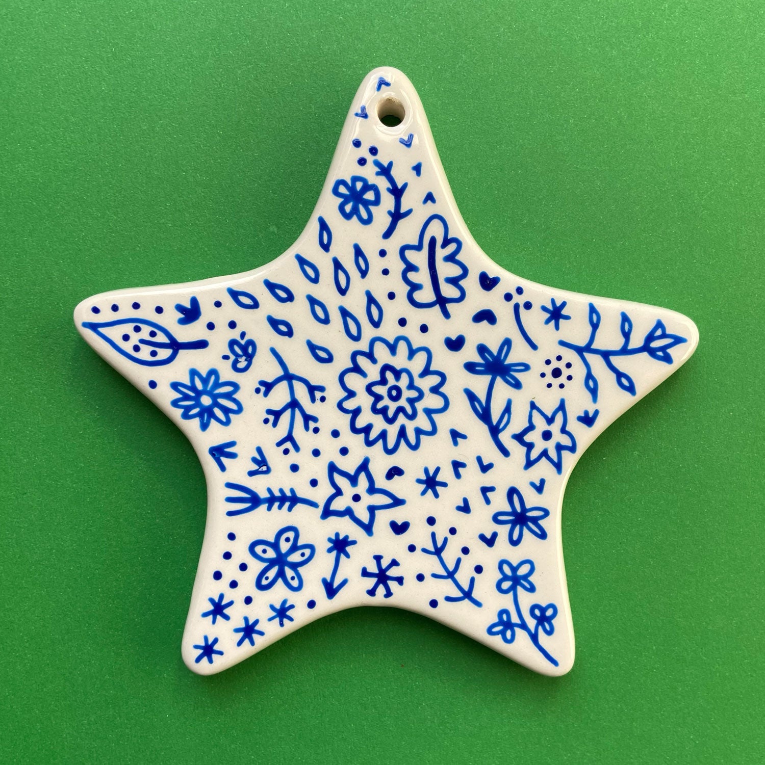 Blue Floral 11 - Hand Painted Star Ornament