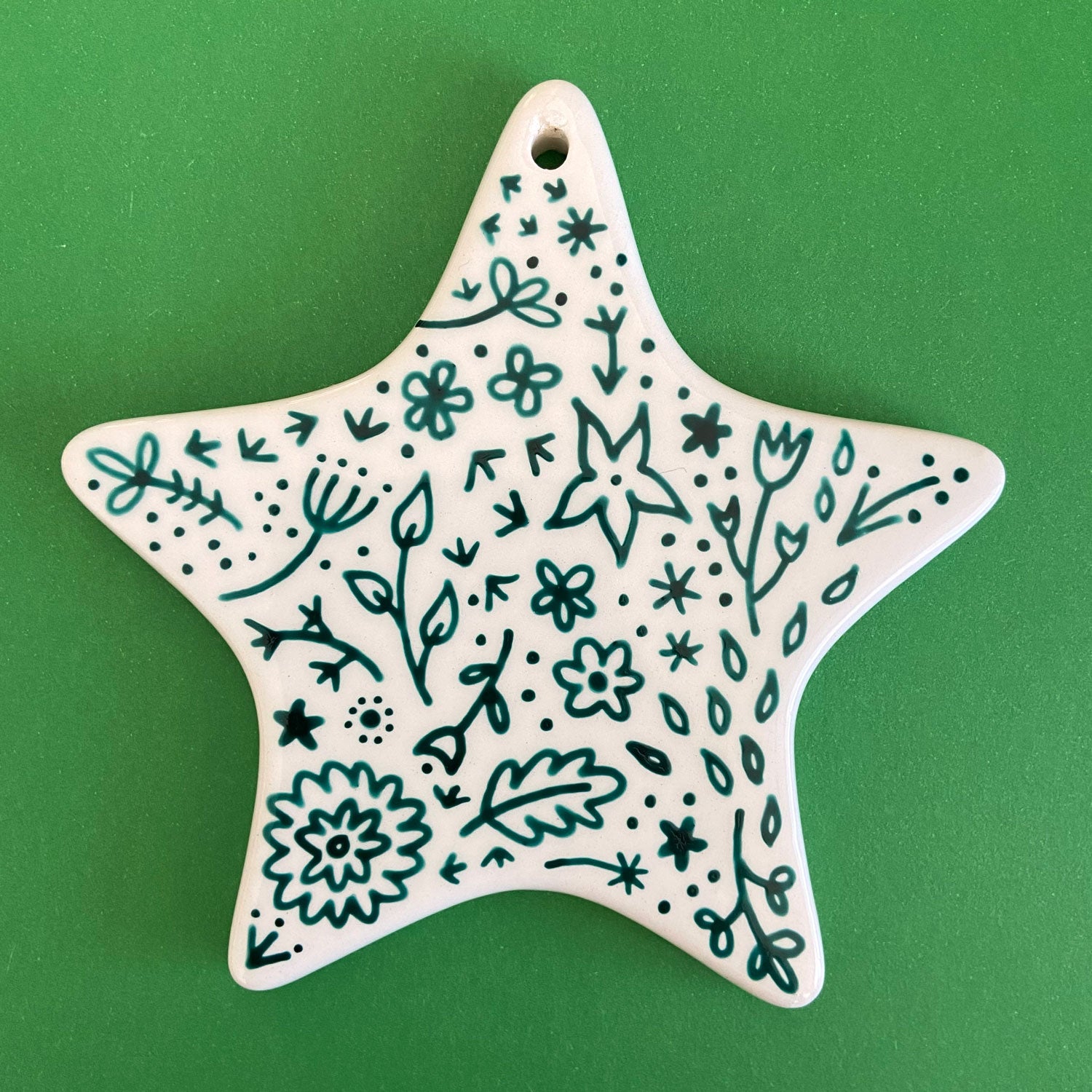 Red and Green Floral 4 - Hand Painted Star Ornament