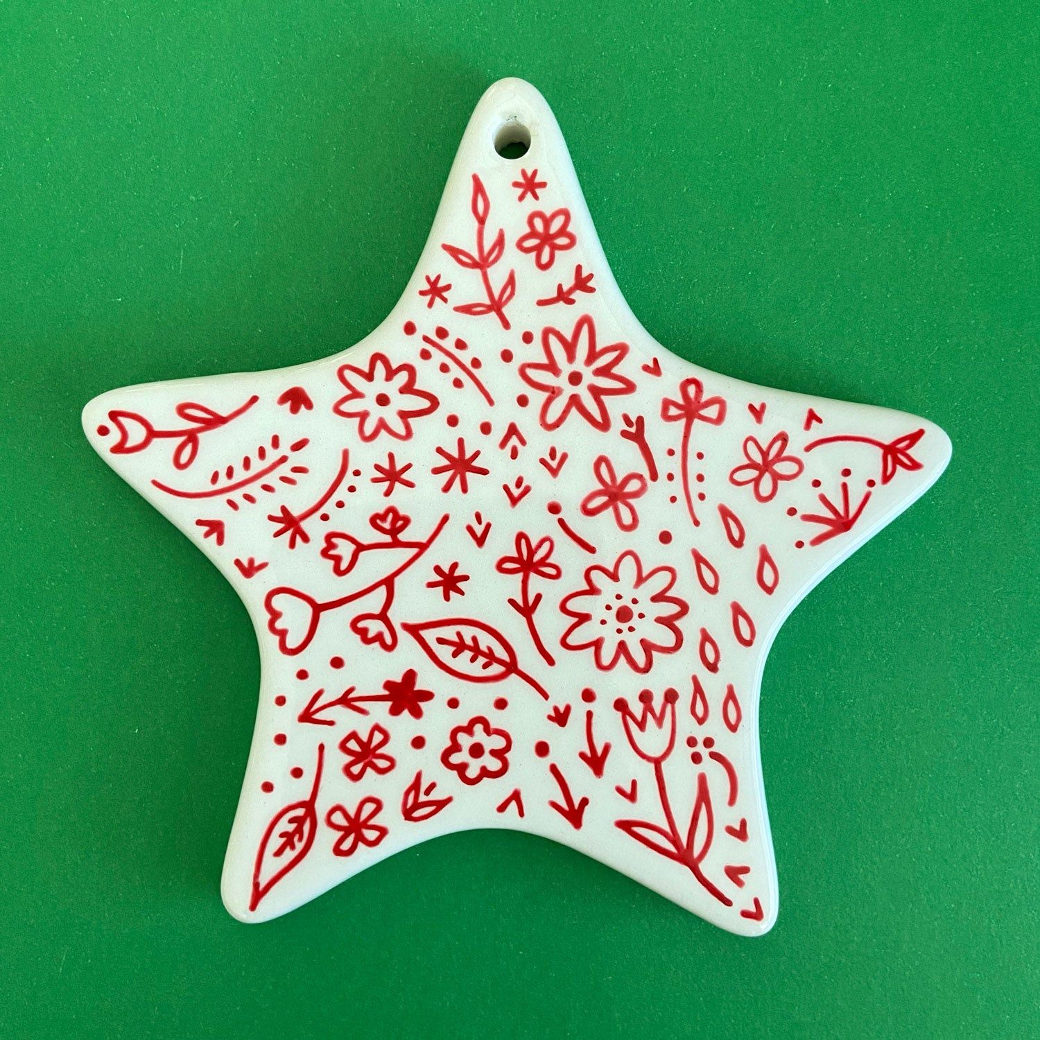 Red and Green Floral 4 - Hand Painted Star Ornament