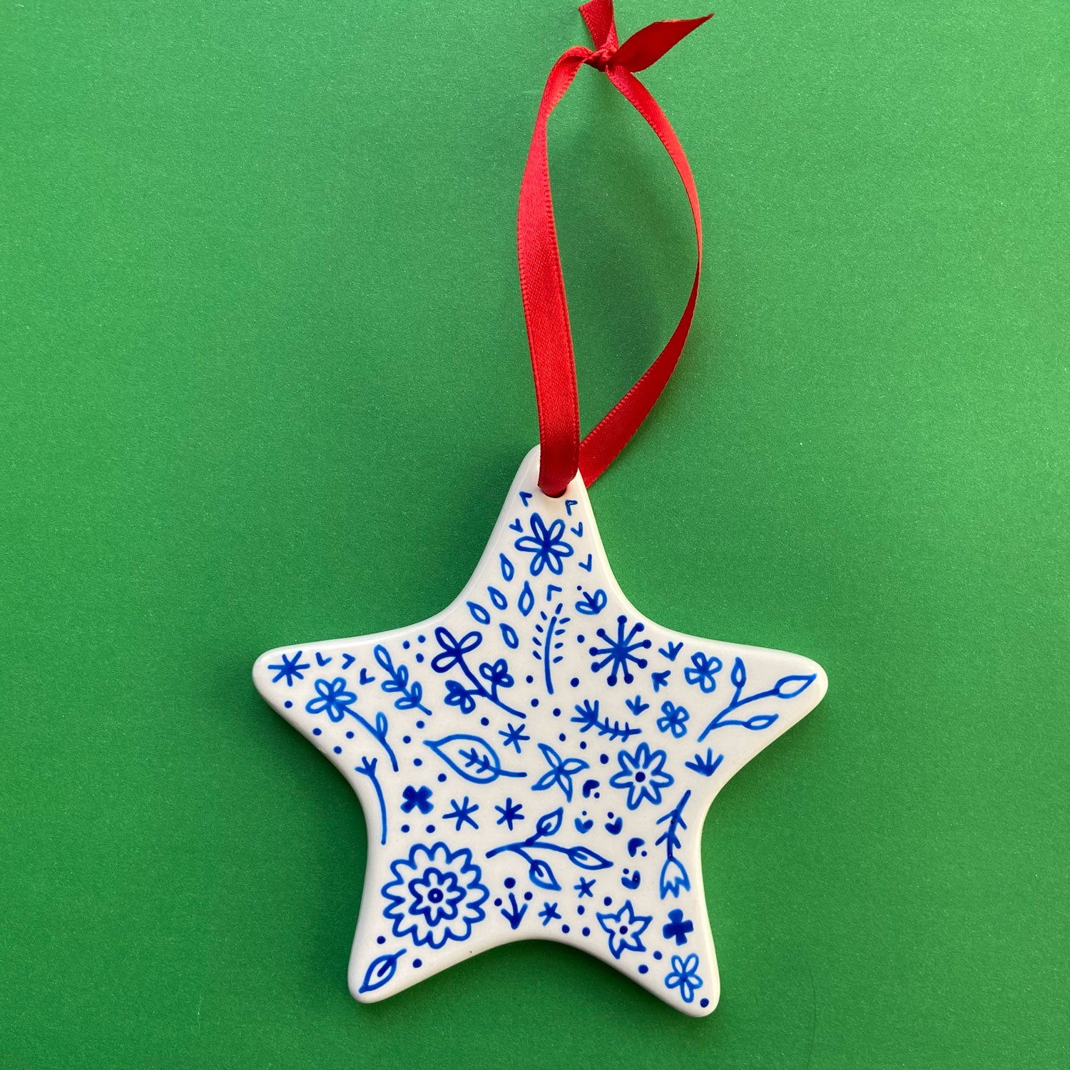 Blue Floral 5 - Hand Painted Star Ornament