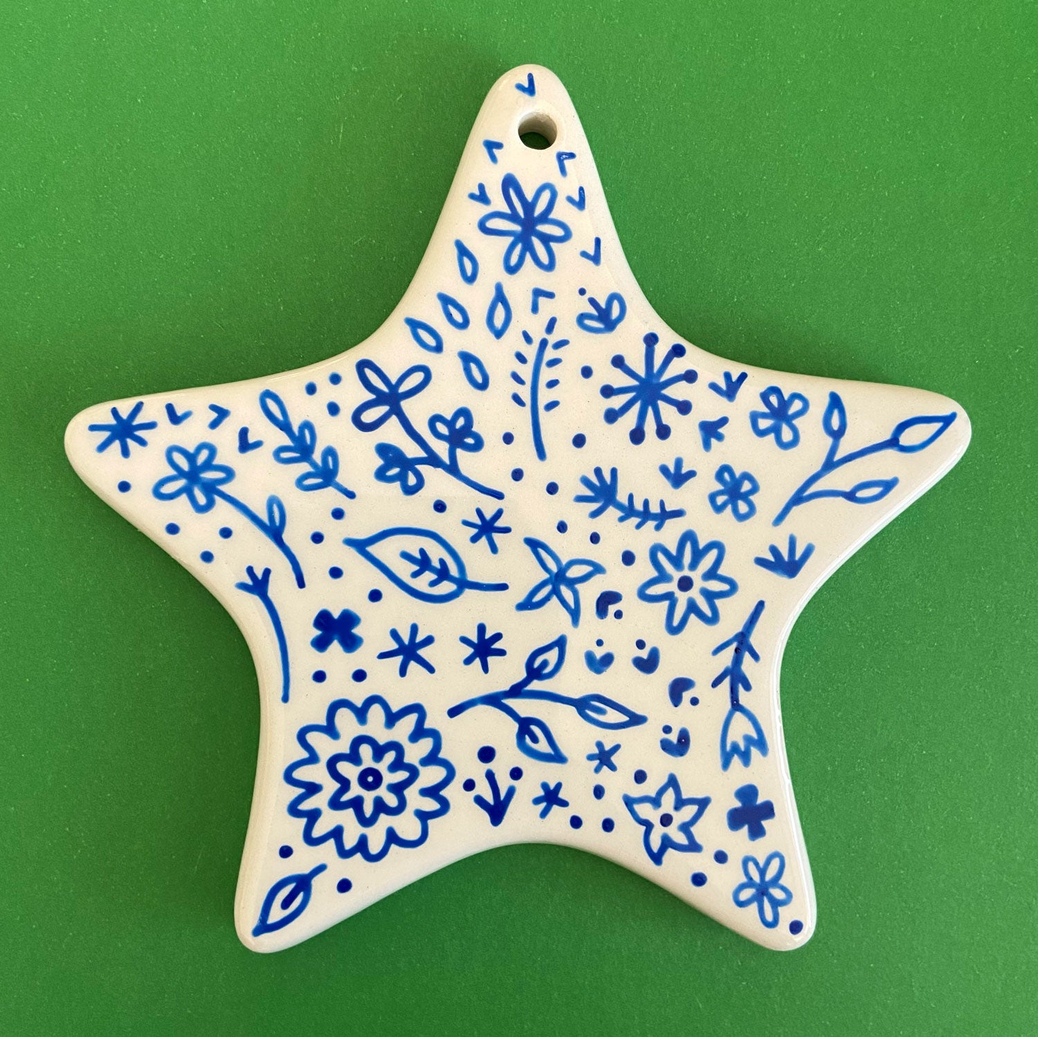 Blue Floral 5 - Hand Painted Star Ornament