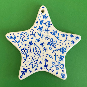 Blue Floral 5 - Hand Painted Star Ornament