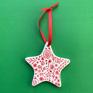 Red and Green Floral 6 - Hand Painted Star Ornament