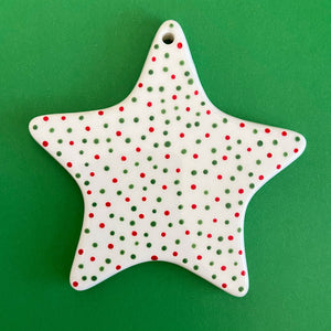 Red and Green Dots 7 - Hand Painted Star Ornament