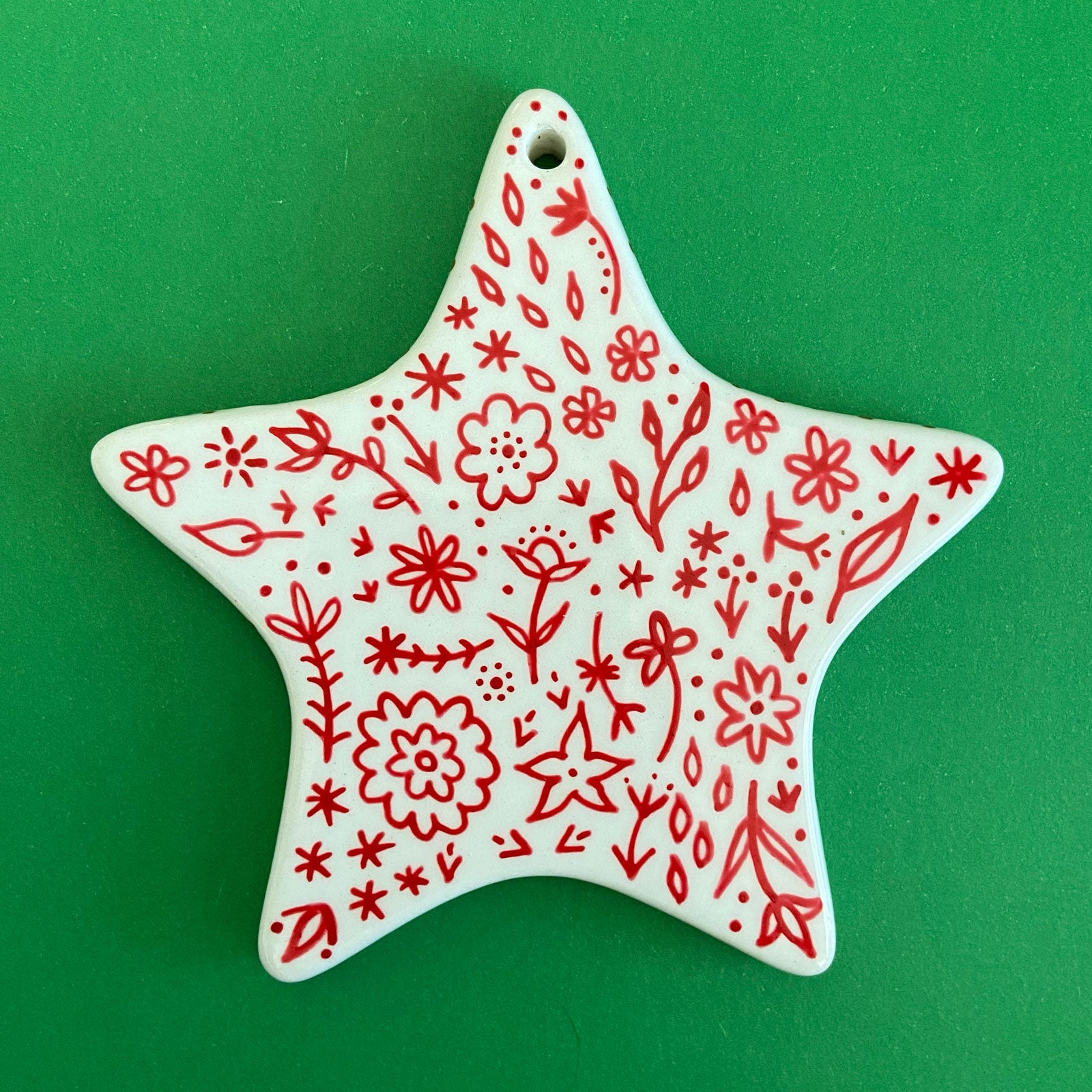 Red and Green Floral 8 - Hand Painted Star Ornament