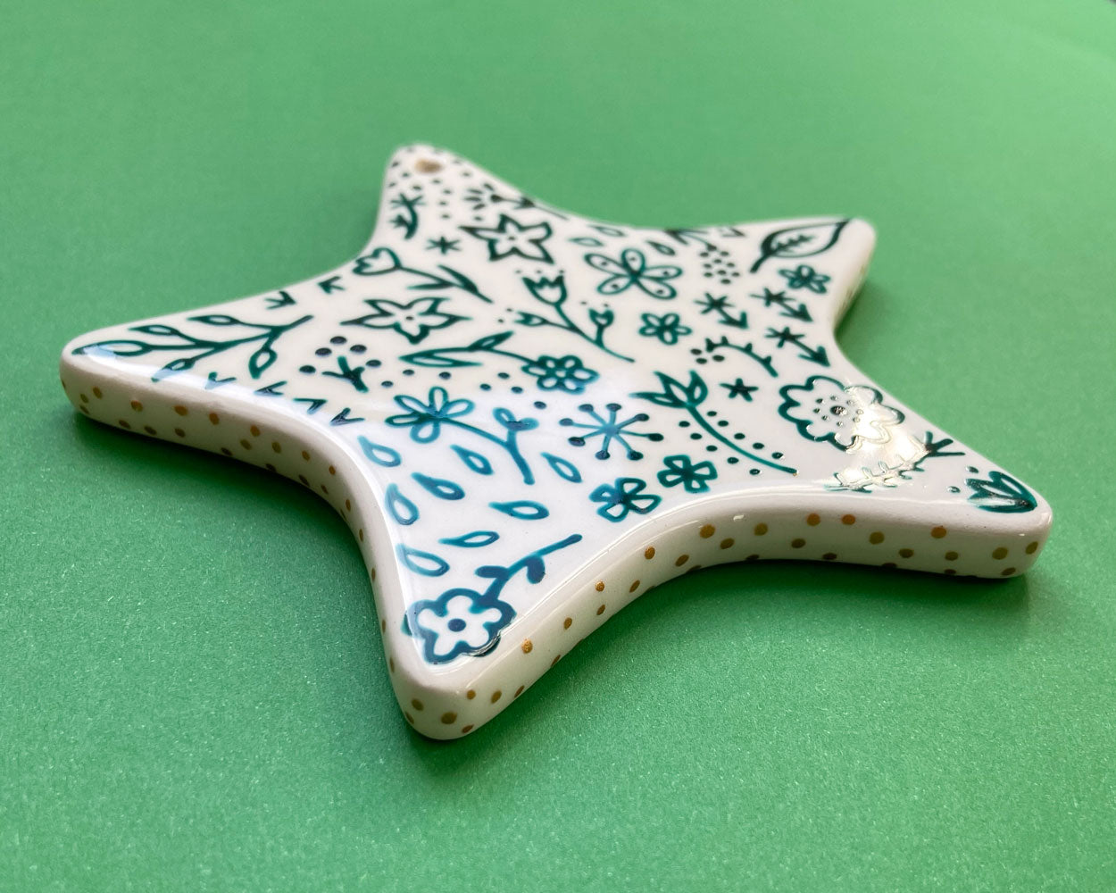 Red and Green Floral 8 - Hand Painted Star Ornament