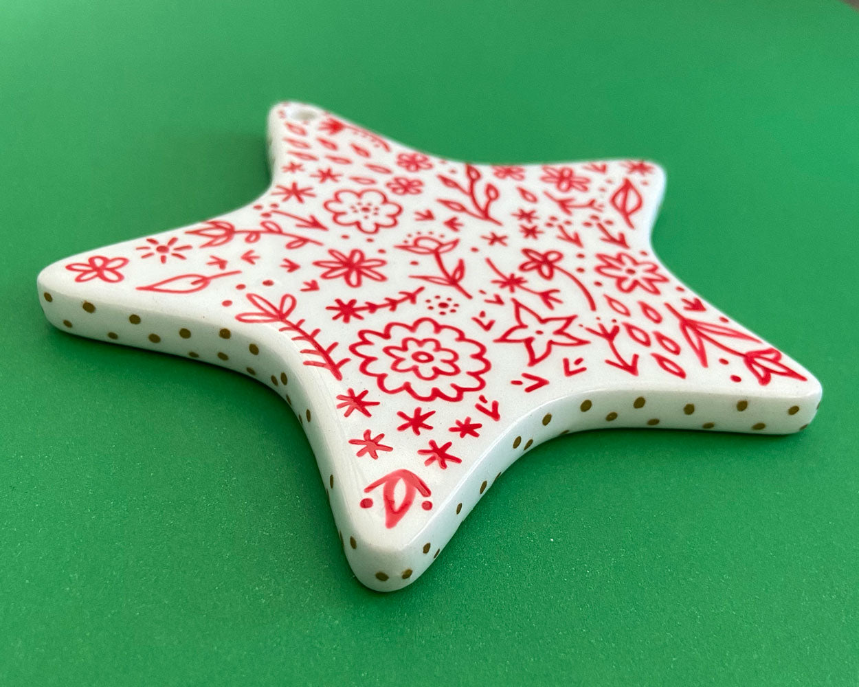 Red and Green Floral 8 - Hand Painted Star Ornament