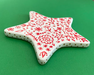 Red and Green Floral 8 - Hand Painted Star Ornament