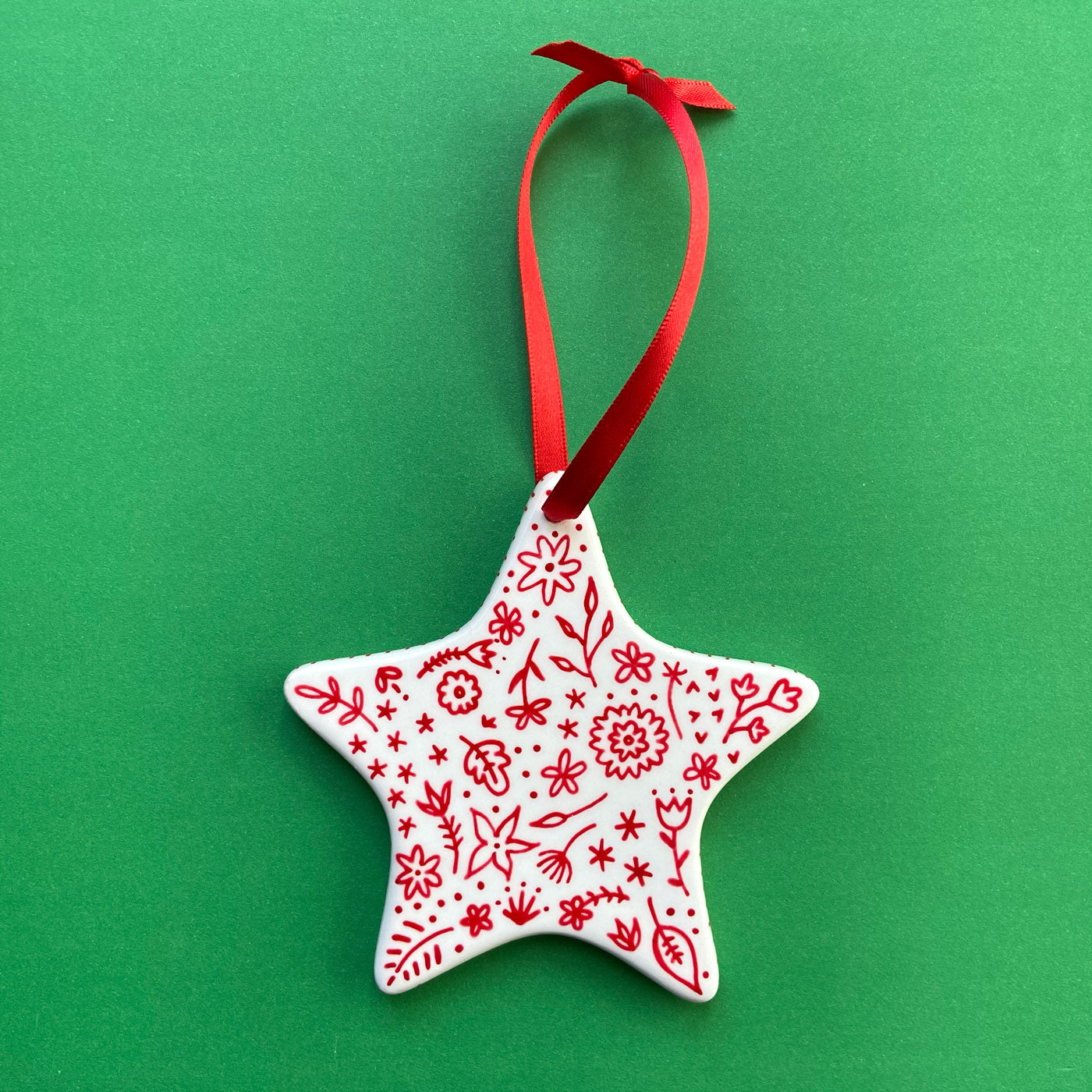 Red Floral 9 - Hand Painted Star Ornament