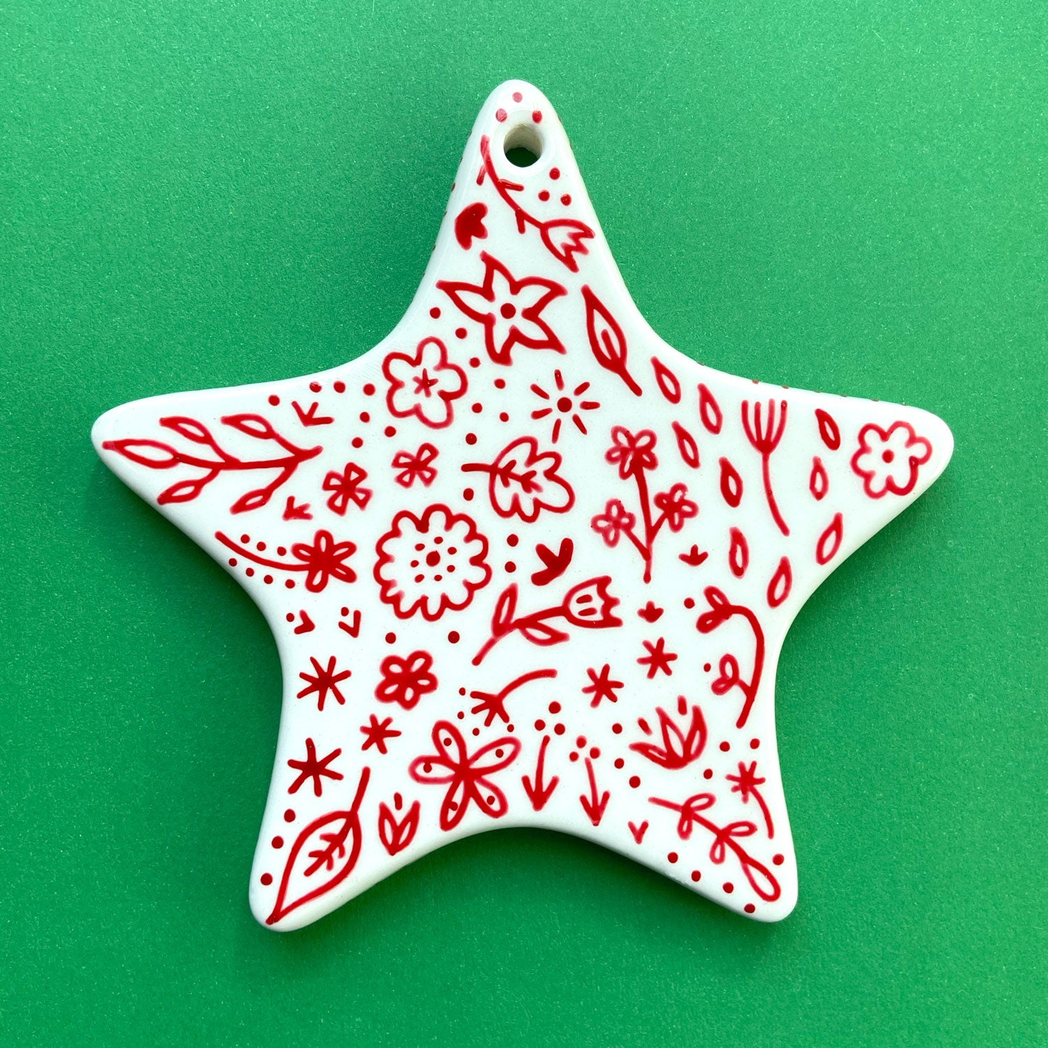 Red Floral 9 - Hand Painted Star Ornament