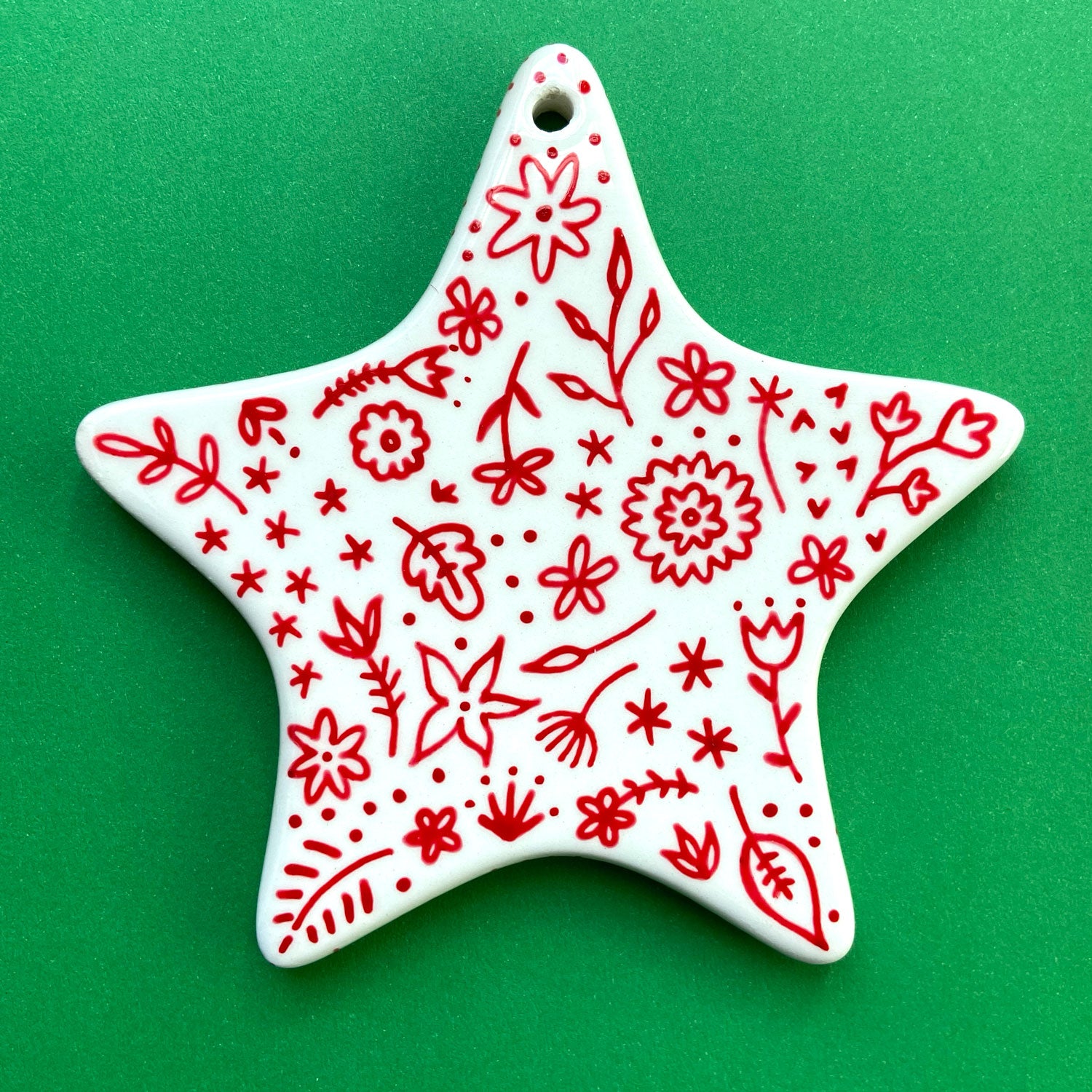 Red Floral 9 - Hand Painted Star Ornament